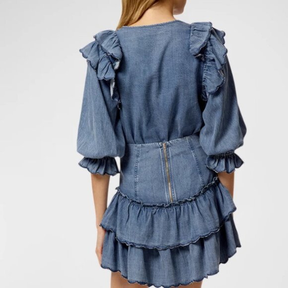 Stellah Blouse Women's Size Small Washed Blue Denim (2) rows of Ruffles Preppy - Picture 3 of 5